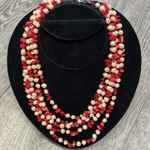 NWT Garold C. Miller Faux Coral and Pearl Multi-Strand Necklace and Bracelet Set
